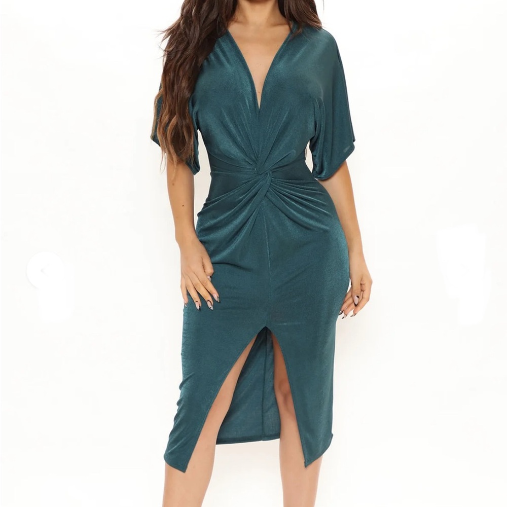 Sold!! Fashion Nova Hunter Green Knot Dress with split